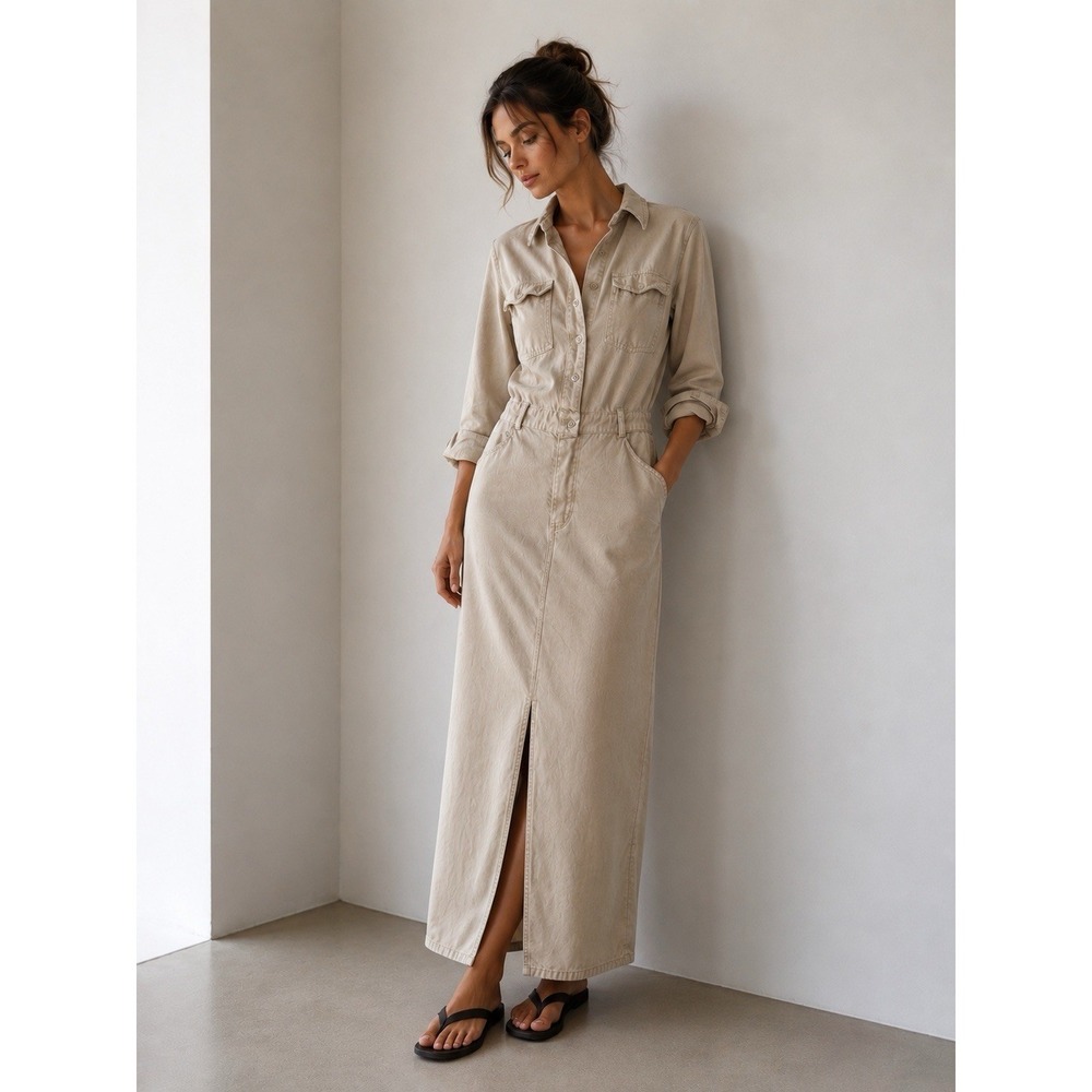 YFB Utility Shirt Maxi Dress Beige Minimalist Safari Quiet Luxury Casual Slit XS